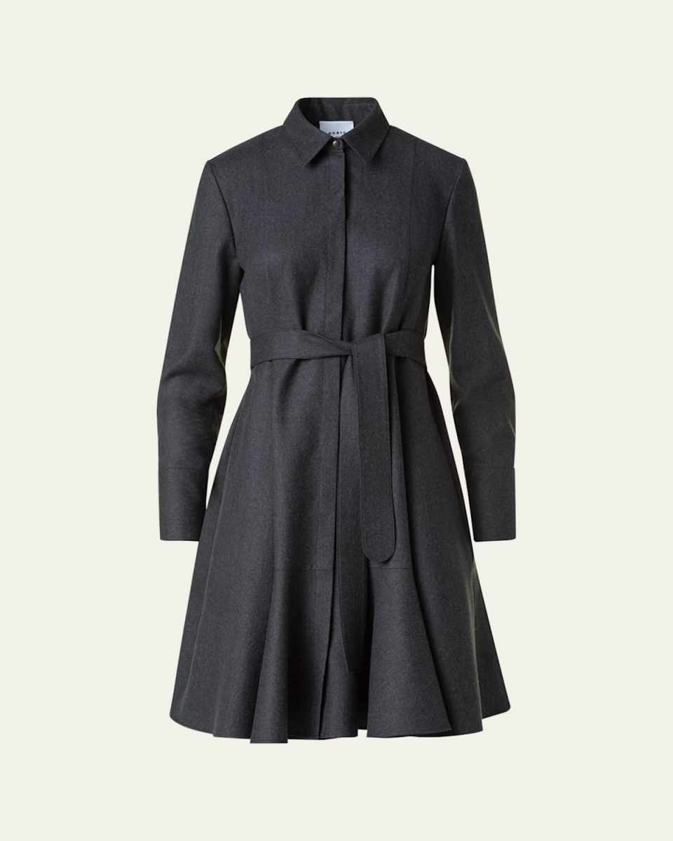 Long-Sleeve Belted Wool Flannel Shirtdress